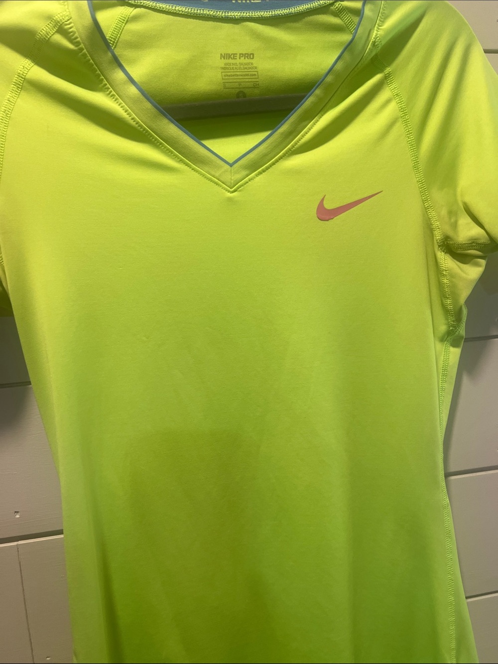 Nike Neon Yellow V-Neck Dri-FIT Top with Pink Swoosh size small.